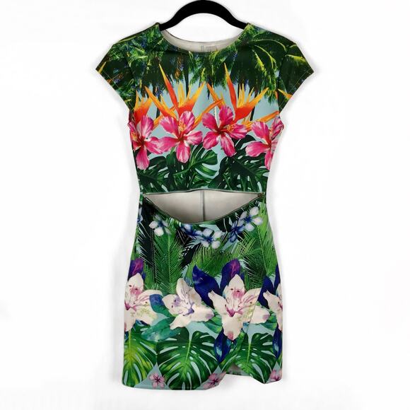 Bodycon Colorful Tropical Floral Print Slit Front Micro Mini Dress, Size XS - Picture 4 of 8